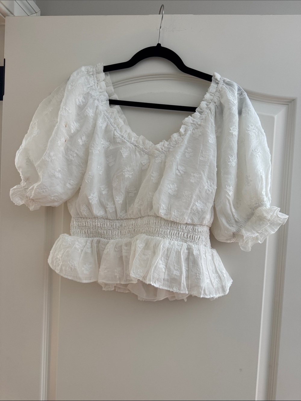 Endless Rose White Puff-Sleeve Smocked Peplum Blouse